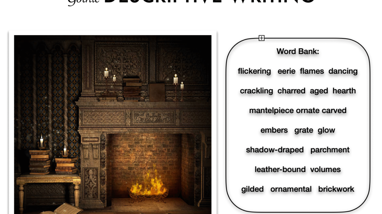 Gothic room with ornate fireplace and candles.